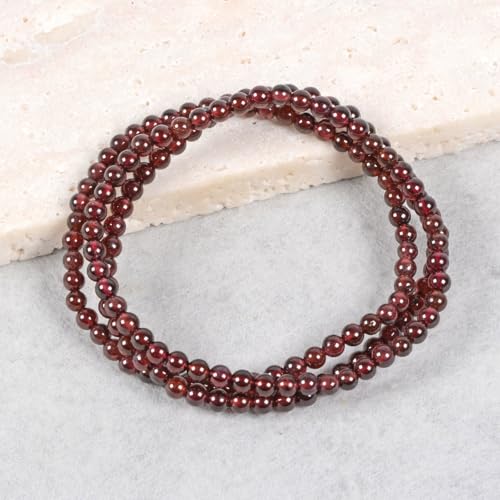 Justinstones Gem Semi Precious Gemstone 3pcs 4mm Round Beads Stretch Bracelet 6.5 Inch Unisex - color: Garnet