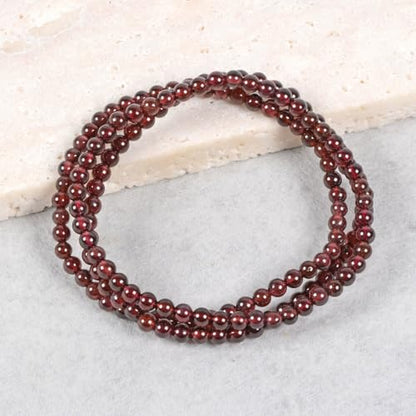 Justinstones Gem Semi Precious Gemstone 3pcs 4mm Round Beads Stretch Bracelet 6.5 Inch Unisex - color: Garnet
