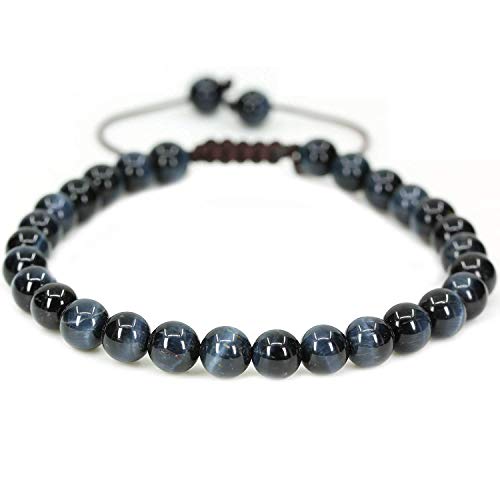 Angelstones Handmade Gemstone 6mm Round Beads Adjustable Braided Macrame Tassels Chakra Reiki Bracelets 7-9 inch Unisex - color: Blue Tiger Eye