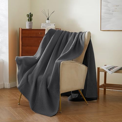 100% Cotton Waffle Blanket (Dark Grey - Throw Size - 50 * 60''), Pre-Washed and Anti-Shrinkage Soft Lightweight Bed & Couch Blanket, 380 GSM Waffle Weave Throw Blanket for All Seasons - color: Dark Grey, size: Throw (50"*60")