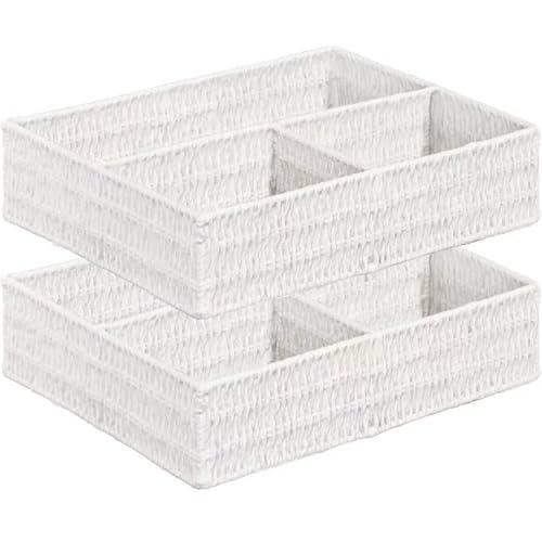 Vagusicc Wicker Divided Storage Basket, White Wicker Baskets, Basket for Shelves Drawer Organizing, 3 Section Rectangular Woven Storage Baskets, 2-Pack - color: Paper Rope (White), size: 3 Large Section
