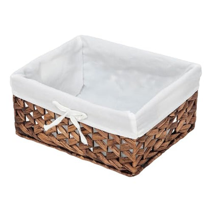 Water Hyacinth Storage Basket Small with Metal Frame & Removable Liner, 11.8”×7.9”×5.5” Rectangular Woven Organizer Bin for Bathroom Vanity, Desk, Nursery, Closet, Home Organization