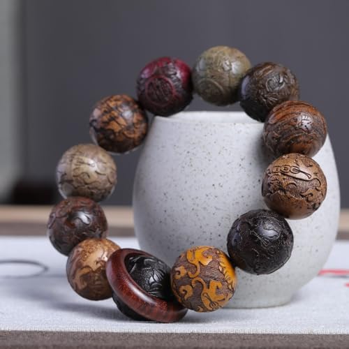 Zen Dear Unisex Natural Colorful Wood Buddhist Prayer Beads Bracelet Necklace Tibetan Mala Prayer Beads - style: 20mm 12beads Carve+Ring