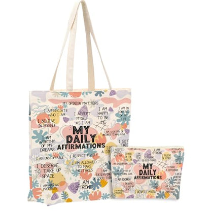 Positive Affirmations for Women, 2PCS Cosmetic Bag Canvas Tote Bag Beach Bags with Pocket Makeup Bags, Encouragement Inspirational Mental Health Gifts for Female Sister Friend Birthday Christmas - color: My Affirmations 0940