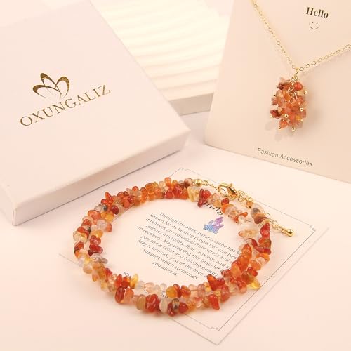 2Pcs Crystal Necklace for Women Handmade Choker Necklaces Pendant Necklace Natural Stone Gemstone Beaded Necklace 18k Gold Plated Adjustable Dainty Necklace for Women - color: Carnelian