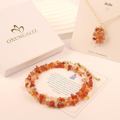 2Pcs Crystal Necklace for Women Handmade Choker Necklaces Pendant Necklace Natural Stone Gemstone Beaded Necklace 18k Gold Plated Adjustable Dainty Necklace for Women - color: Carnelian