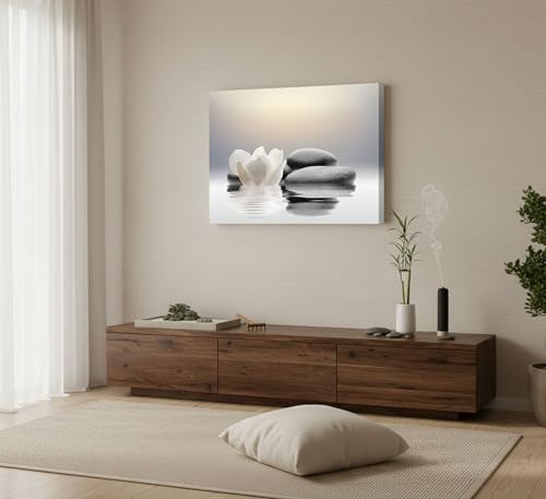 Zen Canvas Wall Art white Lotus Flowers and Black Massage Stones Spa Picture Wall Decor Poster Print Suitable for Yoga Meditation Room Bathroom Bedroom Study Home Decoration - size: 24"L x 16"W