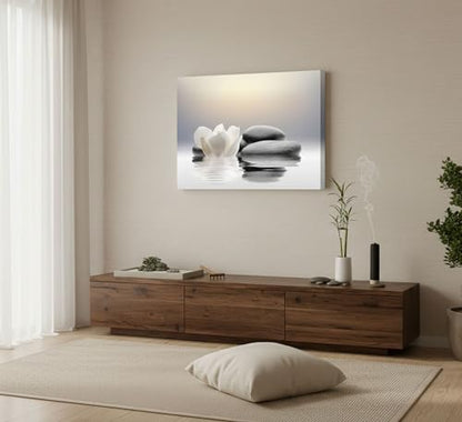 Zen Canvas Wall Art white Lotus Flowers and Black Massage Stones Spa Picture Wall Decor Poster Print Suitable for Yoga Meditation Room Bathroom Bedroom Study Home Decoration - size: 36"L x 24"W
