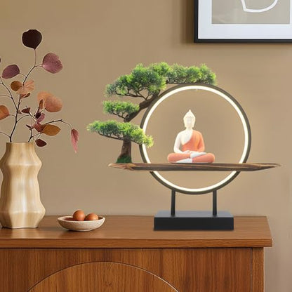 Buddha Statue with LED Circle Table Lamp Artificial Plants Fake Bonsai Tree Buddha Ceramic Statue Indoor Meditation Decoration for Home and Office,18.7 * 3.9 * 16.5in (Buddha-3)