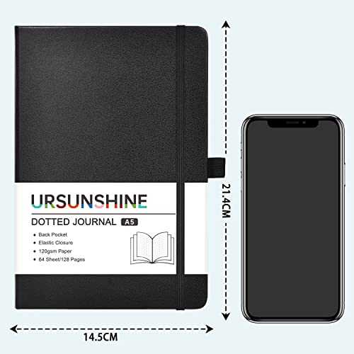 Dotted Journal/Notebook - Dot Grid Hard Cover Notebook, Premium Thick Paper with Fine Inner Pocket, Black Smooth Faux Leather, Pen Loop, 5.3''×8.26'' - Black - color: Black, size: Dotted