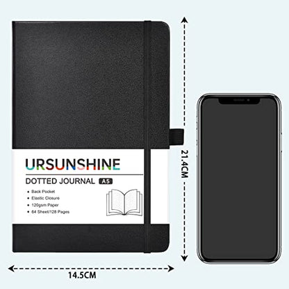 Dotted Journal/Notebook - Dot Grid Hard Cover Notebook, Premium Thick Paper with Fine Inner Pocket, Black Smooth Faux Leather, Pen Loop, 5.3''×8.26'' - Black - color: Black, size: Dotted