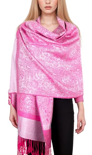 Achillea Two-Tone Vintage Paisley Pashmina Scarf – Lightweight Wrap & Shawl for Dresses, Weddings, Travel, All Seasons - color: Mid Pink