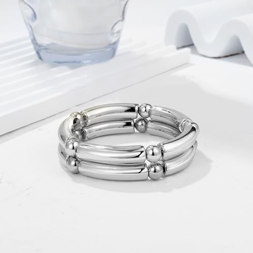 Gold Chunky Bangles Bracelets For Women 14k Gold Plated Stack Layered Curved Bamboo Tube Stretch Bracelets Gift Jewelry - color: 2pcs Silver-8mm