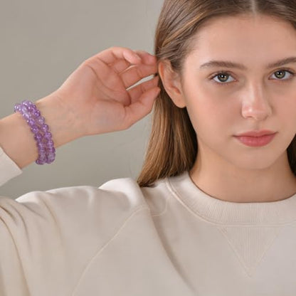 14in Agate Wrap Bracelet for Women Men Natural Round Beaded Agates Stone Healing Stretch Bracelets Elastic Handmade Polished Gemstone Beads Bracelet - color: Amethyst, size: 8mm Beads