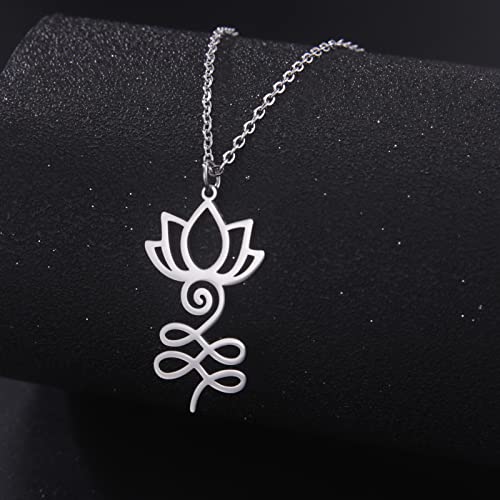 VASSAGO Buddha Lotus Necklace for Women Yoga Healing Pendant Stainless Steel Flower Necklace Buddhist Necklace Unalome Symbol Amulet Religious Jewelry - color: silver 1
