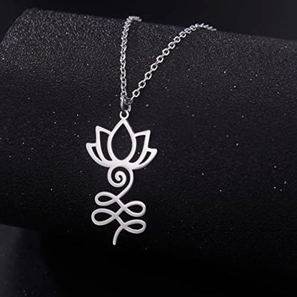 VASSAGO Buddha Lotus Necklace for Women Yoga Healing Pendant Stainless Steel Flower Necklace Buddhist Necklace Unalome Symbol Amulet Religious Jewelry - color: silver 1