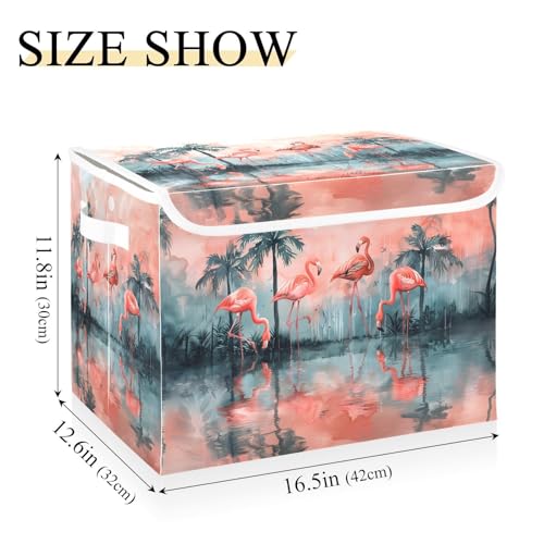 senya Large Storage Bins with Linen Collapsible Foldable Storage Cubes Fabric Closet Organizer Containers Box with Flip-Top Lid Home Bedroom Office 16.7 x 12.6 x 11.8in (Lovely Flamingos Palm Trees) - color: Lovely Flamingos Palm Trees
