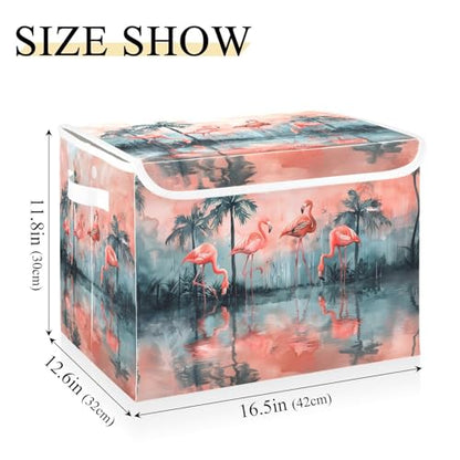 senya Large Storage Bins with Linen Collapsible Foldable Storage Cubes Fabric Closet Organizer Containers Box with Flip-Top Lid Home Bedroom Office 16.7 x 12.6 x 11.8in (Lovely Flamingos Palm Trees) - color: Lovely Flamingos Palm Trees