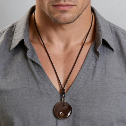 Black Obsidian Yin Yang Necklace for Men Women, Tai Chi Pendant Obsidian Balance Necklace for Releasing Negativity, Talisman Spiritual Healing Jewelry for Protection Amulet - color: Brown