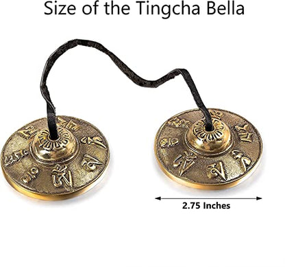 Tibetan Handmade Yoga Meditation Om Tingsha Bell Chimes Cymbal Set With Hand Woven Unique Bag, 2.75 Inches Buddhist Tingsha, Om Mani Padme Hum Mantra - Handmade In Buddha Born Country, Nepal - color: Bronze Tingsha