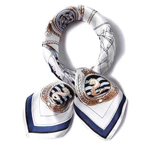 100% Pure Mulberry Silk Scarf 35" Large Square Lightweight Headscarf –Women’s Hair Wraps-With Gift Packed - color: Navy Blue&white