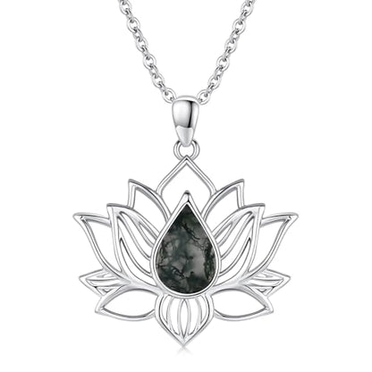 Lotus Necklaces for Women 925 Sterling Silver 7 Chakra/Yin Yang Pendant Necklace Spiritual Lotus Jewelry Birthday Yoga Gifts - style: Moss Agate-Lotus