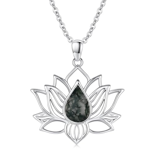 Lotus Necklaces for Women 925 Sterling Silver 7 Chakra/Yin Yang Pendant Necklace Spiritual Lotus Jewelry Birthday Yoga Gifts - style: Moss Agate-Lotus