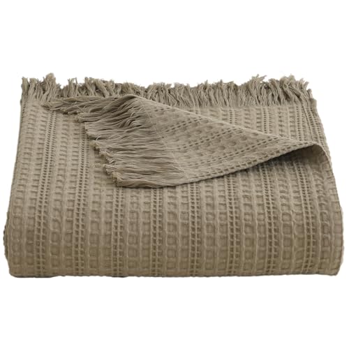 100% Cotton Waffle Blanket with Fringe, Pre-Washed Waffle Weave Blanket for All Season, Lightweight Breathable Soft Cozy Throw Blanket for Couch, Bed, Travel (Sage Green - 50x60 Inches) - color: Sage Green, size: Throw-50'' x 60''