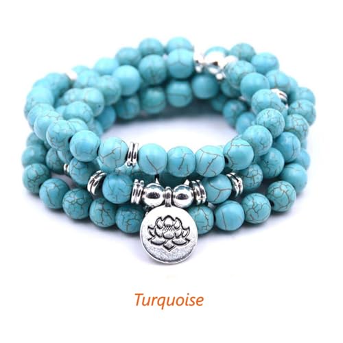 108 Mala Beads Bracelet Necklace - Gemstone Prayer Beads with Lotus Charm for Meditation & Yoga - style: Turquoise