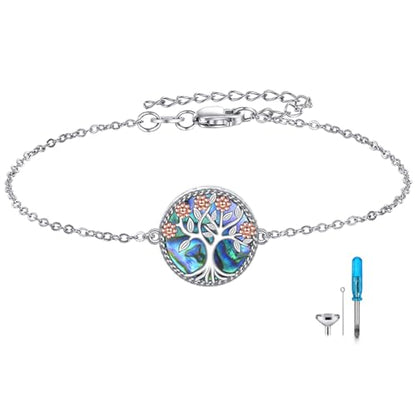 Tree of Life Urn Bracelet for Ashes, 925 Sterling Silver Family Tree Flower Pendant Bracelets Memorial Keepsake Cremation Jewelry Gifts for Women, 7"+2"