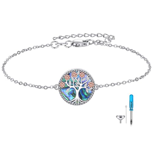 Tree of Life Urn Bracelet for Ashes, 925 Sterling Silver Family Tree Flower Pendant Bracelets Memorial Keepsake Cremation Jewelry Gifts for Women, 7"+2"