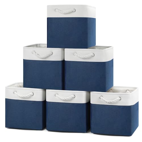 Posprica 11×11×11 Storage Cubes, Collapsible Storage Bins Organizer for Closet, Fabric Storage Box with Cotton Rope Handles, Decorative Storage Baskets for Shelves, set of 6 - White/Blue - color: White/Blue, size: 11×11×11/6pcs