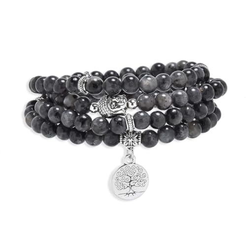 Tree of Life Charm Bracelet or Necklace - 108 Buddha Beads, Handmade Mala Meditation Jewelry, Prayer Beads for Yoga - style: Labradorite