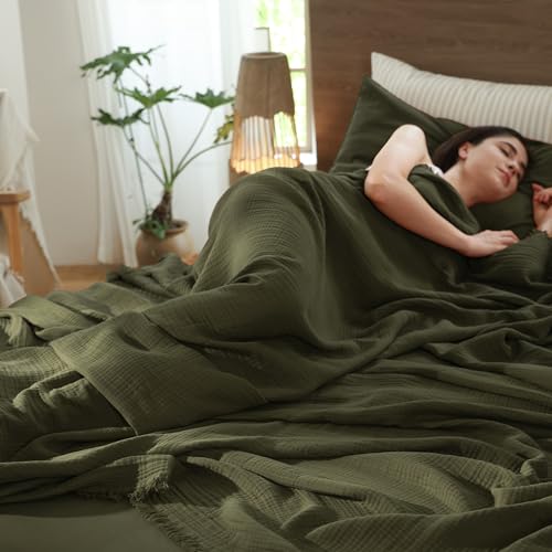MooMee Muslin Blanket - 100% Cotton 4-Layer Gauze Throw Blanket with All-Around Fringe, Soft Breathable Lightweight Cooling Summer Blankets for Bed Couch (Olive Green,Throw XL 50" x 70") - color: Olive Green, size: Throw XL