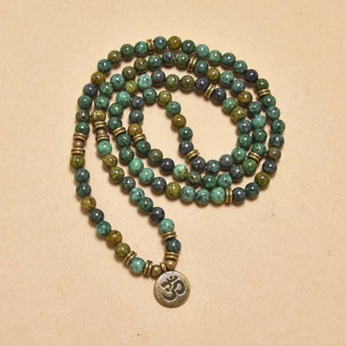 108 Mala Beads Bracelet with om Charm – Healing Stone Meditation Bracelet for Yoga & Prayer, 6mm Beads, Handmade, Gold-Plated OM Charm - style: African Turquoise