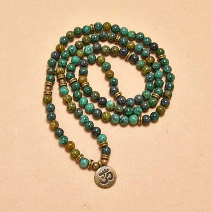 108 Mala Beads Bracelet with om Charm – Healing Stone Meditation Bracelet for Yoga & Prayer, 6mm Beads, Handmade, Gold-Plated OM Charm - style: African Turquoise