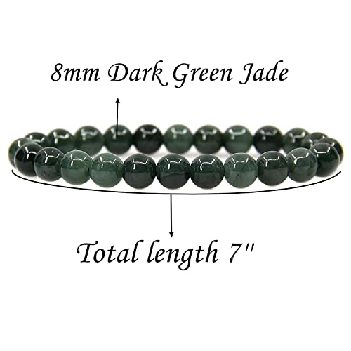 Angelstones Handmade Natural Healing Gemstone 8mm Round Beads Stretch Crystal Bracelet 7 Inch Unisex - color: Dark Green Jade