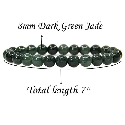 Angelstones Handmade Natural Healing Gemstone 8mm Round Beads Stretch Crystal Bracelet 7 Inch Unisex - color: Dark Green Jade