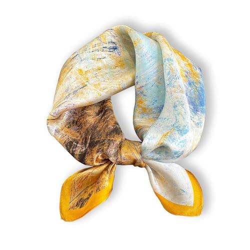 100% Mulberry Silk Neck Scarf - 21'' x 21'' Lightweight Neckerchief - Women Men Small Square Digital Printed Scarves - color: Yellow Graffiti