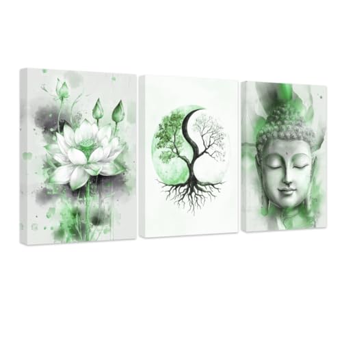 CCWACPP Green Bathroom Wall Art 3 Piece Set Zen Decor Buddha Lotus Pictures Yin Yang Tree Art Spa Canvas Prints for Spiritual Meditation Yoga Room Home Decor Framed (12"x16"x3) - color: Green, size: 12"x16"x3