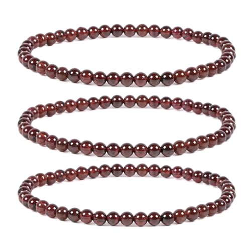 Justinstones Gem Semi Precious Gemstone 3pcs 4mm Round Beads Stretch Bracelet 6.5 Inch Unisex - color: Garnet