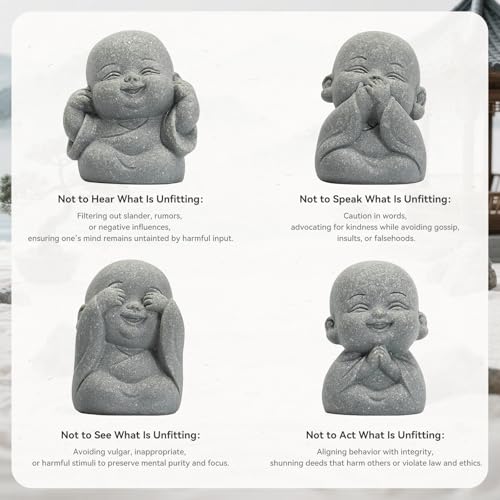 4Pcs Mini Monk Buddha Statues, See Hear Speak Think No Evil Mini Monk Decor, Handcrafted Sandstone Resin Zen Statues for Home Office Desk Car Dashboard, Feng Shui Spiritual Gifts for Peace & Calm