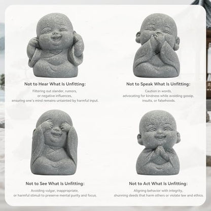 4Pcs Mini Monk Buddha Statues, See Hear Speak Think No Evil Mini Monk Decor, Handcrafted Sandstone Resin Zen Statues for Home Office Desk Car Dashboard, Feng Shui Spiritual Gifts for Peace & Calm
