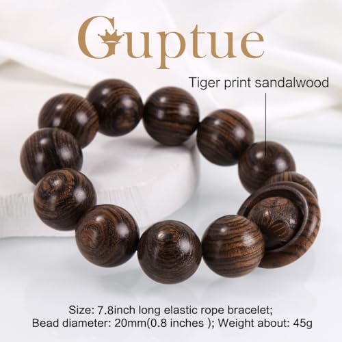 Handcrafted Neutral 12 Beads Natural Sandalwood Prayer Bead Chain Wrist Meditation Star Ring Circular Stress Relief bracelet Rosary Beads for men and women - color: Tiger print sandalwood