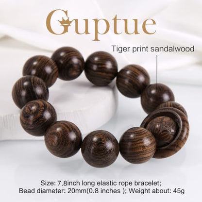 Handcrafted Neutral 12 Beads Natural Sandalwood Prayer Bead Chain Wrist Meditation Star Ring Circular Stress Relief bracelet Rosary Beads for men and women - color: Tiger print sandalwood