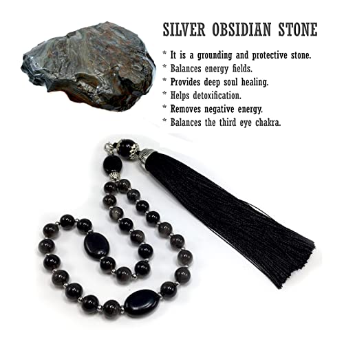 Mala Prayer Beads - Mala Necklace - Tibetan Mala Prayer Beads Meditation Beads Yoga Necklace - color: (POCKET MALA)-Silver Sheen Obsidian Natural Stone -8 mm- 27 Beads
