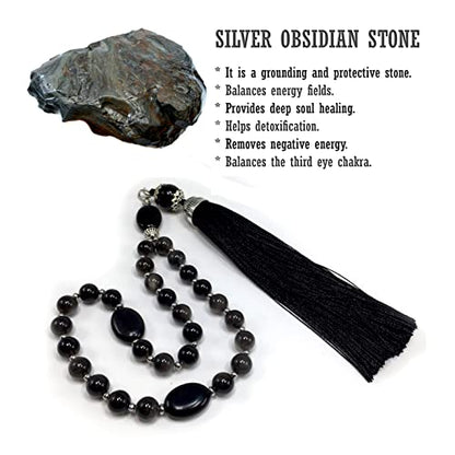 Mala Prayer Beads - Mala Necklace - Tibetan Mala Prayer Beads Meditation Beads Yoga Necklace - color: (POCKET MALA)-Silver Sheen Obsidian Natural Stone -8 mm- 27 Beads