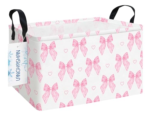 Rectangular Pink Bowknot Storage Bin Collapse Canvas Fabric Cartoon Storage Basket for Girls Room Organizing Home Kitchen Office Closet Shelf Baskets(Rec Pink Bowknot) - color: Rec Pink Bowknot