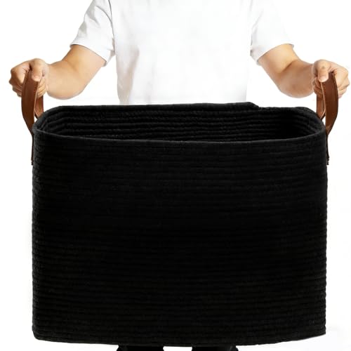 BOLDMONKEY 89L Extra Laundry Basket with Leather Handles,Woven Cotton Rope Blanket Basket,Toy Bin for Baby Room,Laundry Hampers for Bedroom, Living Room,Bathroom,24"x16"x15" Black - color: Black, size: 89L