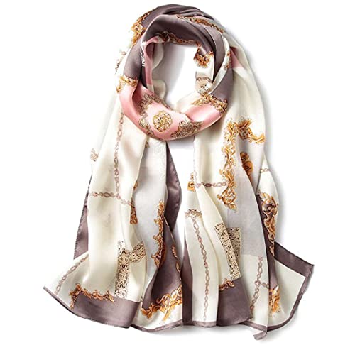 100% Mulberry Silk Long Scarf for Women Large Shawls for Headscarf and Neck- Oblong Hair Wraps with Gift Packed - color: Chains-pink&gray